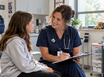 Nurse with a clipboard with a young patient.