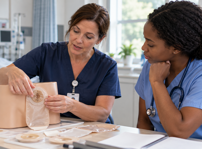 Two nurses discussing wound care.